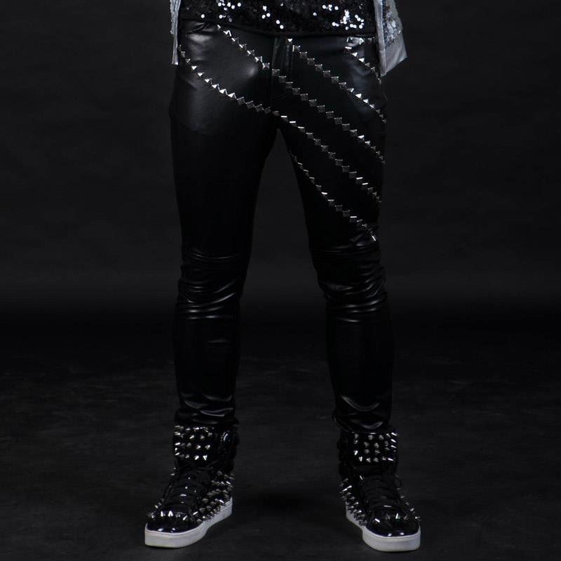 正品紧身夜店酒吧男歌男演服铆钉修身出皮裤士古着皮裤哈雷手机车