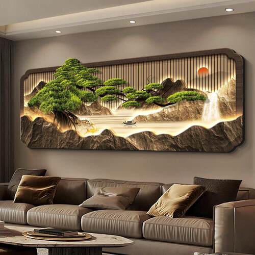 新中式客厅装饰画轻奢迎客松沙发背景墙壁画高档立体led氛围灯画