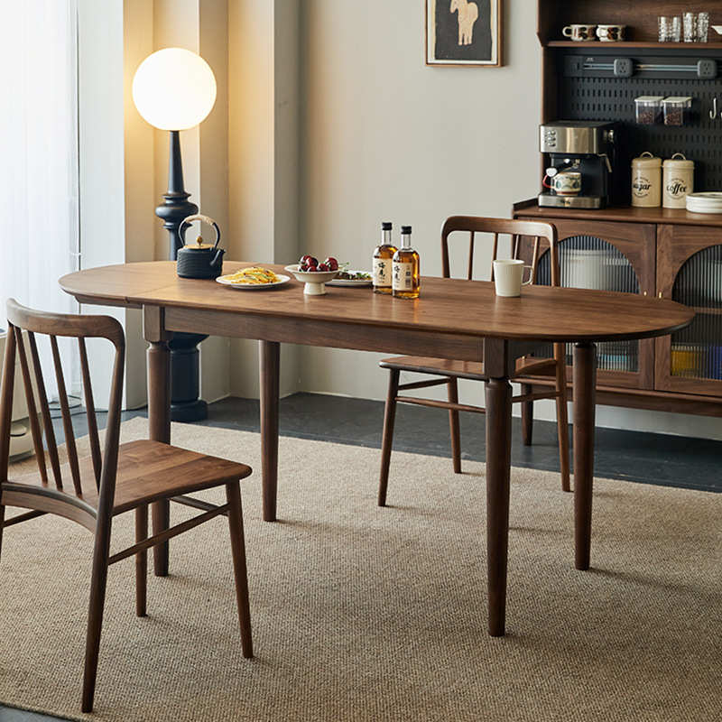 黑胡桃木可伸缩半圆北美实木家用饭桌长方形小户型折叠餐桌桌子全