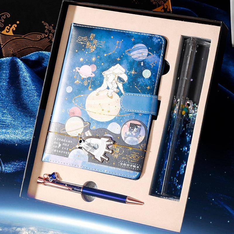星河织梦彩页笔记本子可爱卡通宇航员文艺手杖太空银河圆珠笔胸章