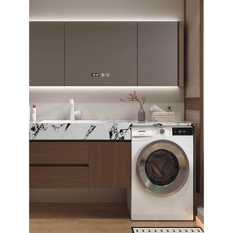 洗衣机一体柜浴室柜组合卫生间洗手盆洗漱台胡桃木岩板无缝热弯盆