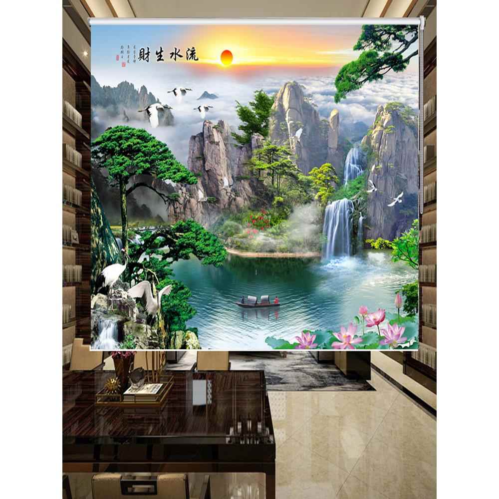 定制山水画卷帘办公室客厅卧室窗帘手绘水墨山水挂画遮光布卷轴