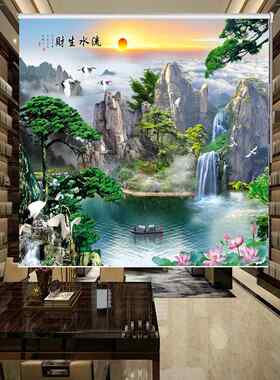 定制山水画卷帘办公室客厅卧室窗帘手绘水墨山水挂画遮光布卷轴