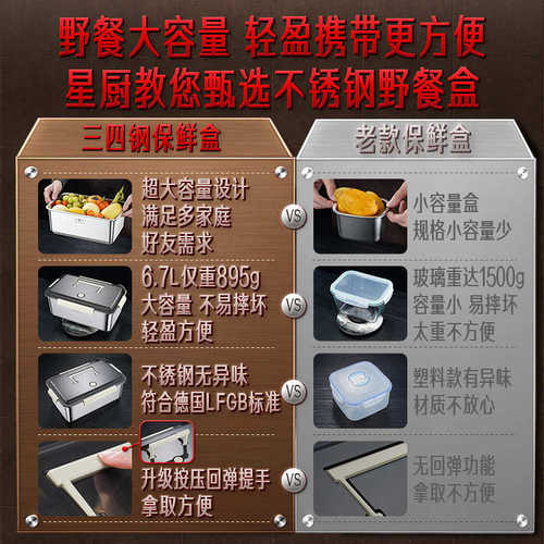 三四钢 保鲜盒大容量316L不锈钢食品盒 密封盒手提冰箱冷冻收纳盒