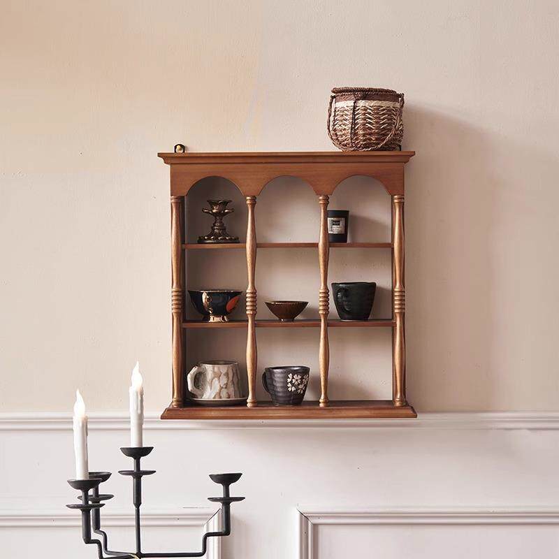 复古实木杯架美式墙面装饰收纳家具中古置物架法式展示架壁挂隔板