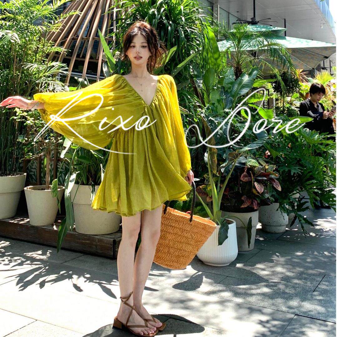 RIXO DORE法式度假V领灯笼袖防晒服女宽松褶皱黄色长袖防晒连衣裙