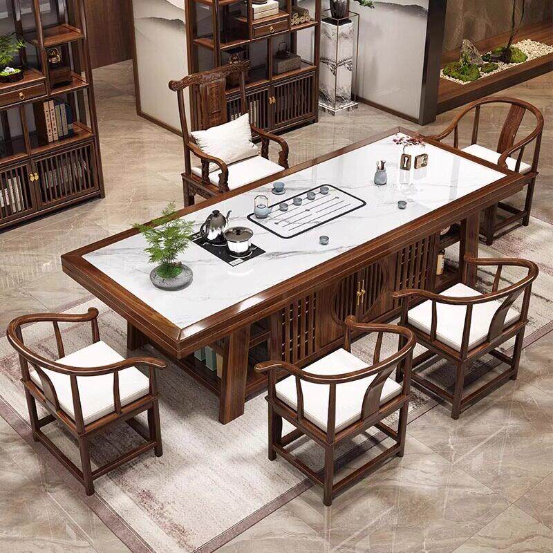 实木轻奢岩板大板茶桌椅组合一桌五椅现代家用办公室新中式泡茶台