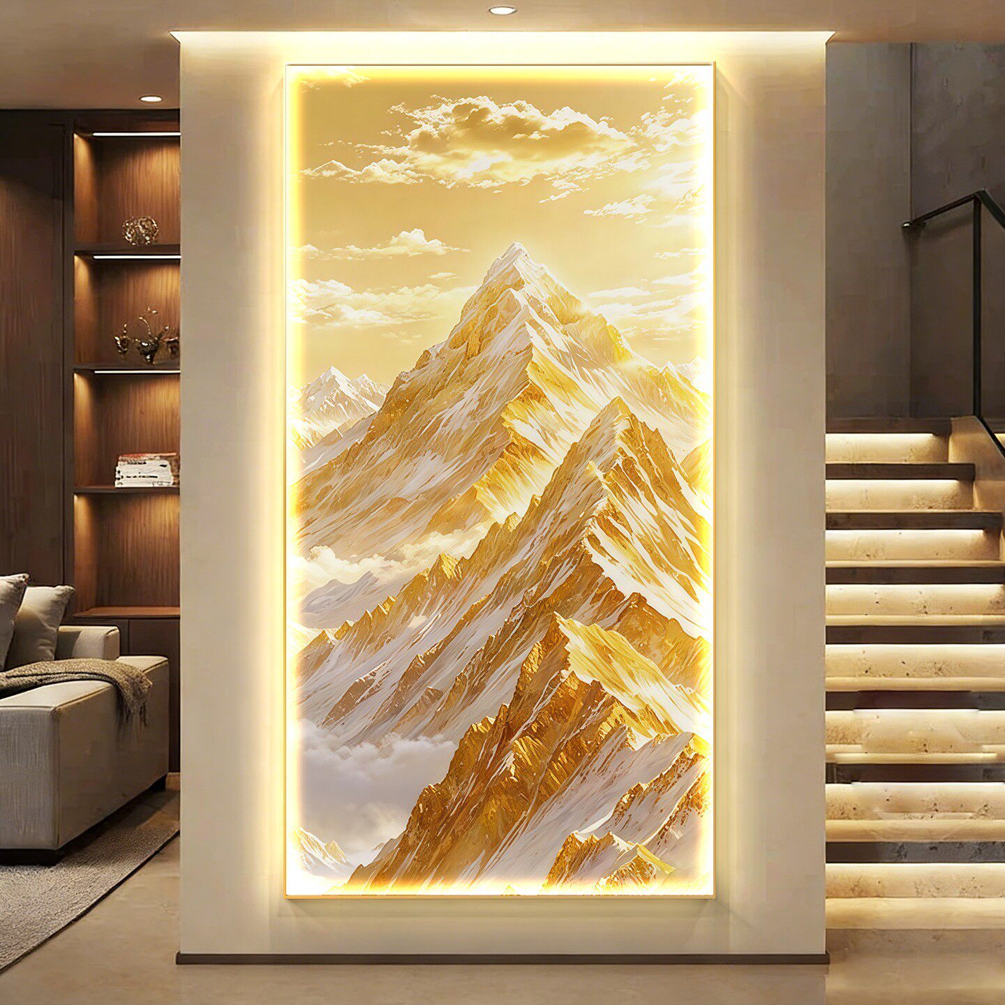 日照金山玄关装饰画轻奢高级感走廊过道挂画背有靠山竖版风景壁画