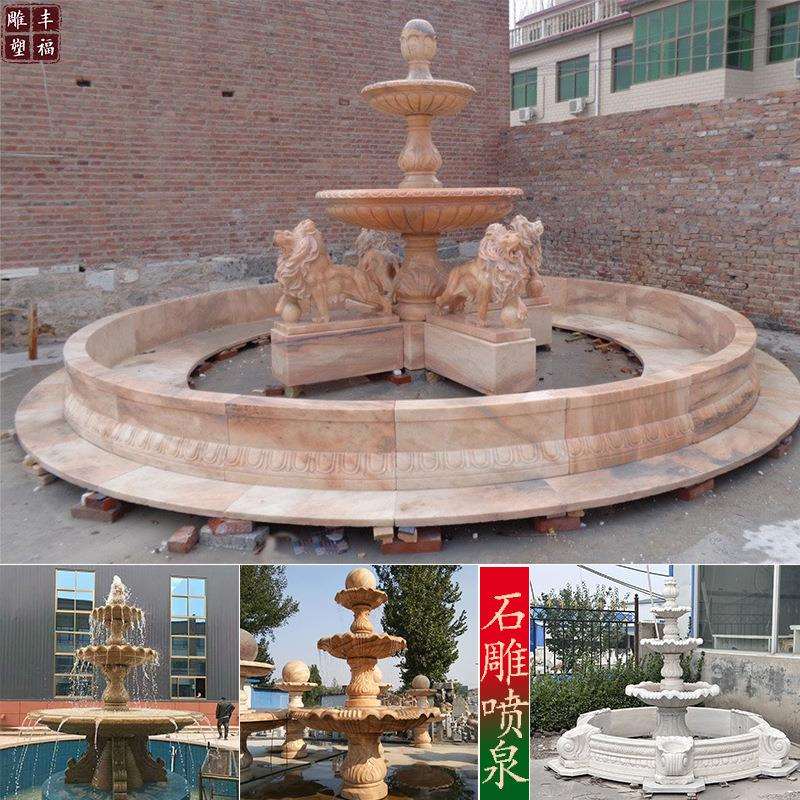 现货厂家欧式大理石雕刻石狮子动物喷泉广场晚霞红石雕狮子大喷泉