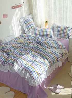 正品ins网红油黄色水洗棉3四件套小奶清新条纹风格子学生套宿舍三