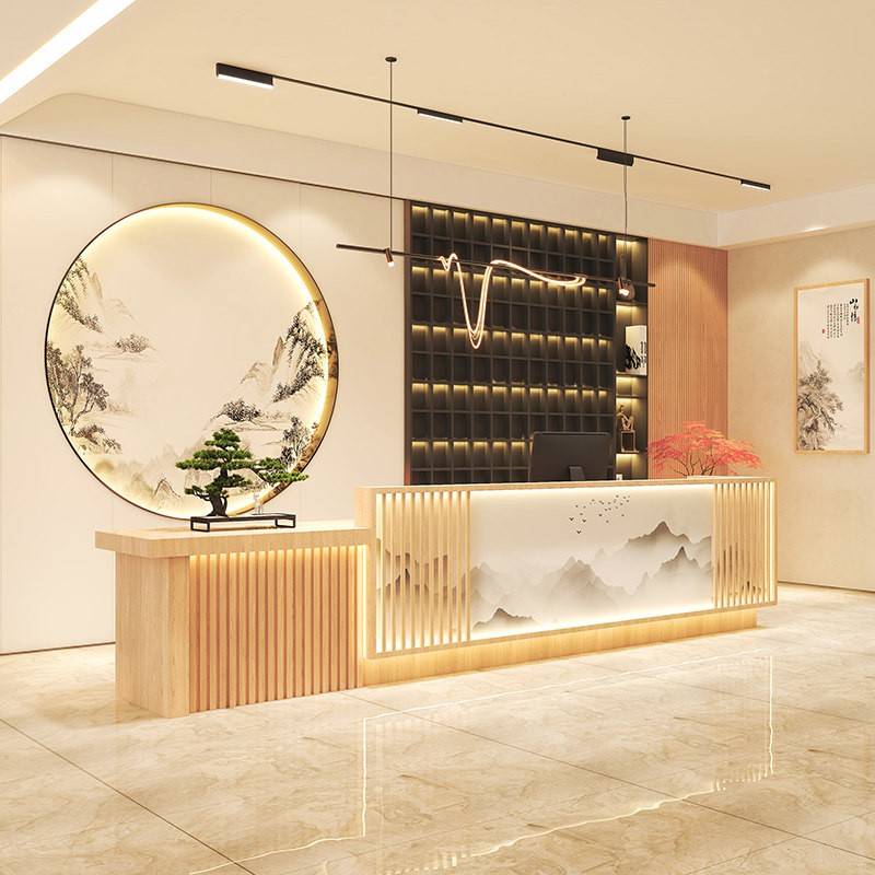 复古新中式收银台吧台酒店前台桌接待养生会所民宿足浴采耳火锅店图片