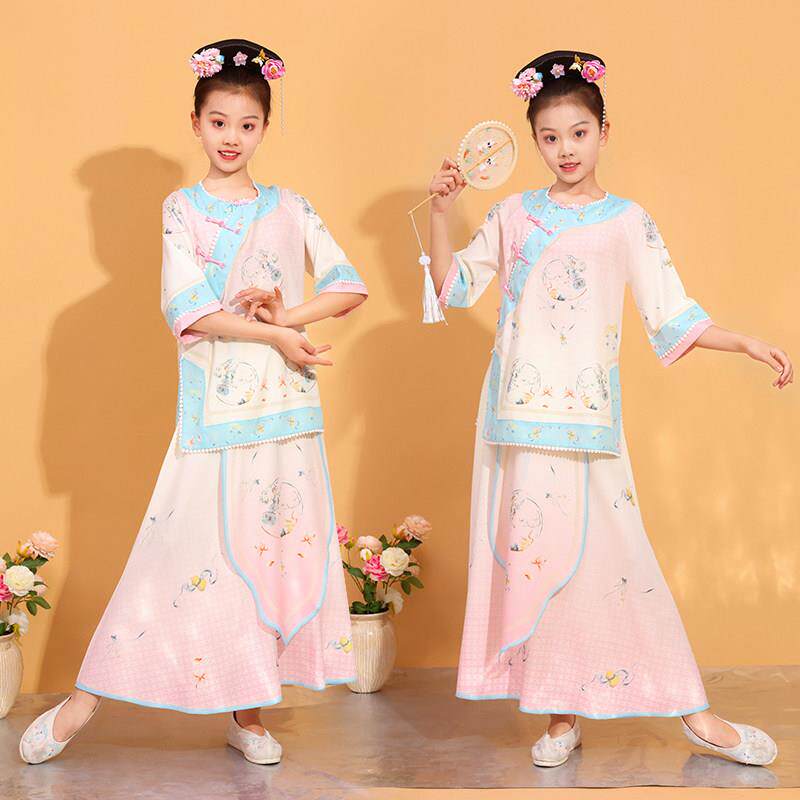 儿童古典舞蹈飘逸满庭芳国风舞蹈服练功服粉色清朝格格演出服