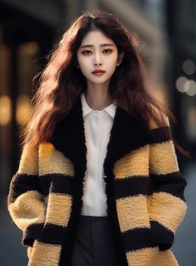 黄色条纹外套小个子高级感韩系小香风大衣女秋冬中长款