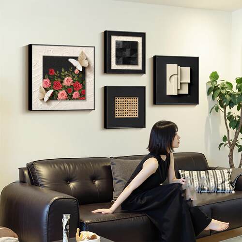 F法式餐厅装饰画意式极简客厅沙发背景墙面挂画抽象高级组合壁画