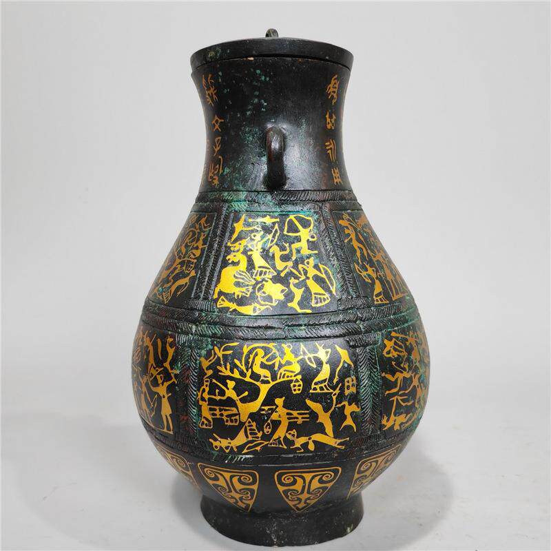 古青铜器错金摆件做旧工艺盛酒器青铜错金双钮盖壶