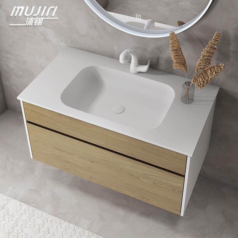 可丽耐一体盆浴室柜组合原木风橡木洗漱台洗手台盆实木智能镜柜