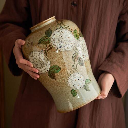 范岳景德镇覆古手工粗陶手绘绣球大花瓶水培花器中国桌面装饰