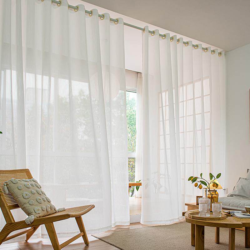 新品纱帘窗帘免打孔安装隔断帘伸缩杆门帘白色百叶窗纱白纱简易遮