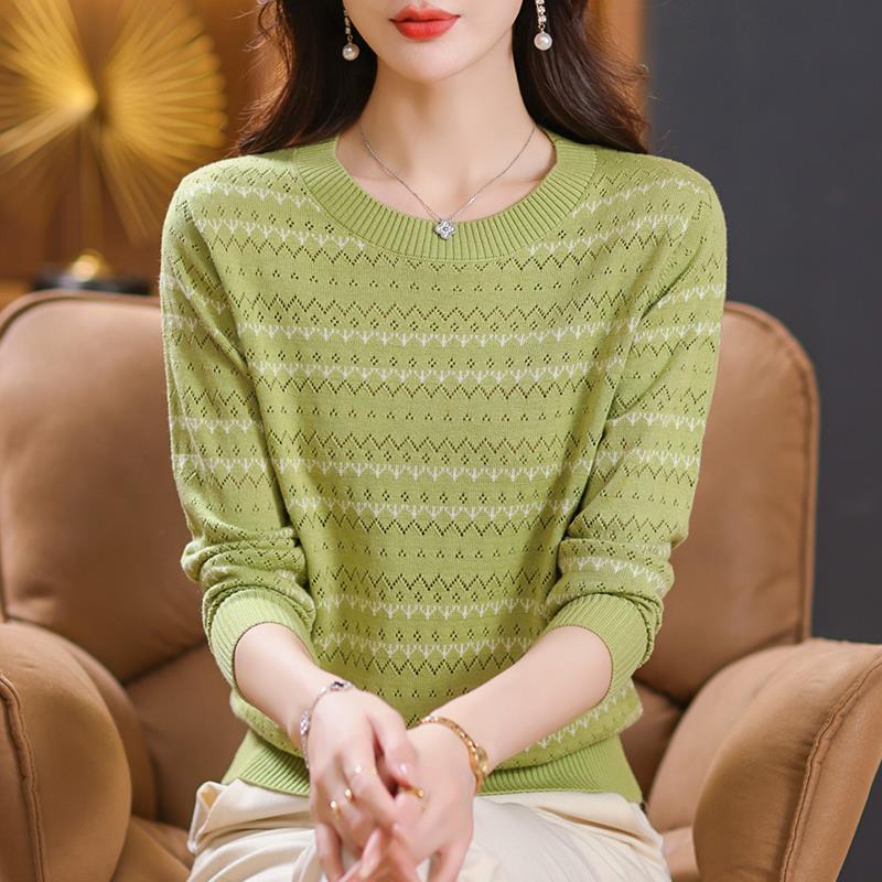 中年妈妈春秋新款大尺码内搭T恤条纹镂空薄款毛衣女针织上衣打底