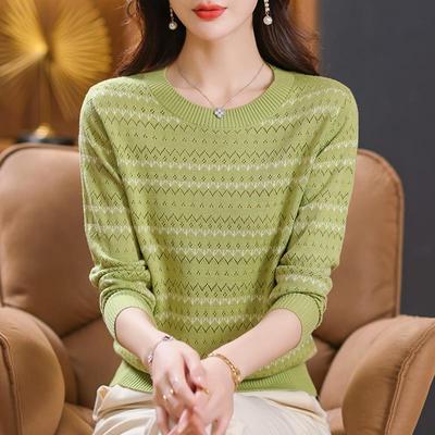 中年妈妈春秋新款大码内搭T恤条纹缕空薄款毛衣女针织上衣打底衫