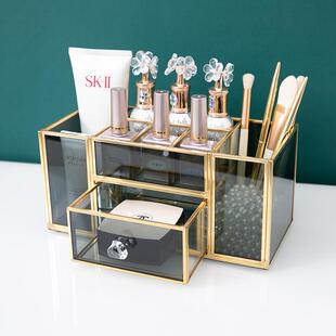 高档轻奢玻璃化妆品收纳盒化妆台桌面笔刷桶美甲工具置物架金边