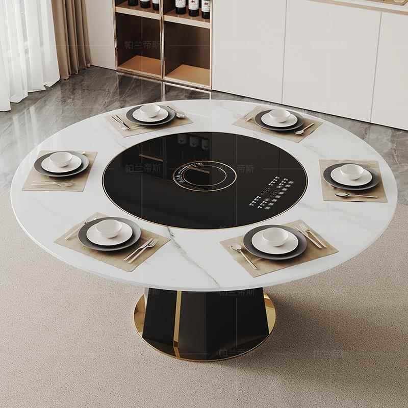 新款岩板圆形餐桌多功能带电磁炉暖菜一体设计师款式家用现代餐桌