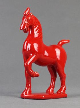 正品洛阳品唐三彩陶瓷红 马工艺摆件居办公室 风水招财 家手工装