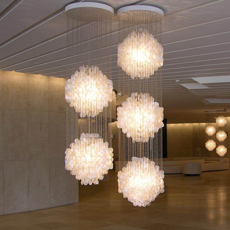 创意时尚Loft复式楼大堂挑高别墅客厅楼梯间天然贝壳片长款吊灯