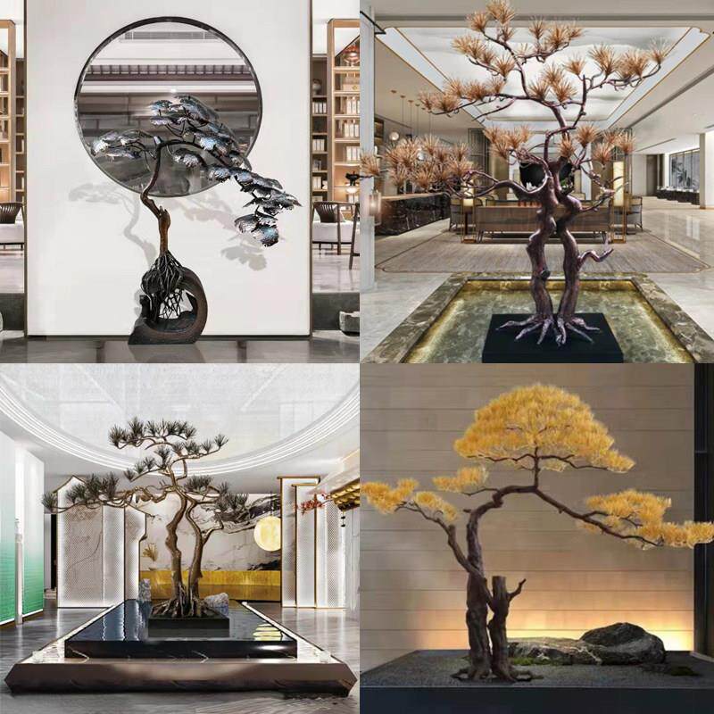 新中式迎客松铁艺摆件玄关仿真金属落地松树雕塑样板房装饰品