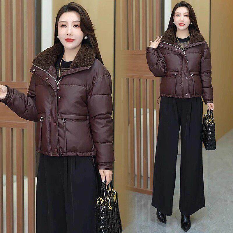 香港代购妈妈装时尚短款皮棉衣女冬季洋气宽松保暖面包服棉袄外套