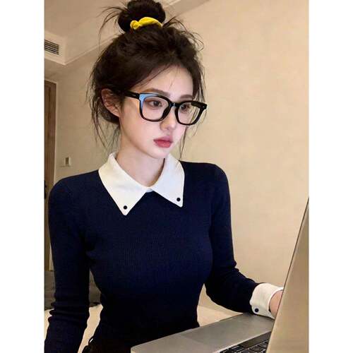 秋冬学院风韩系撞色翻领假两件针织衫女穿搭修身显瘦打底长0926e
