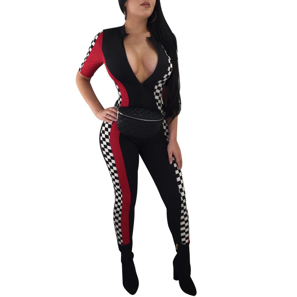 jumpsuit plaid white and black racing style sports tight