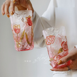 泽滕家杯子手绘玫瑰花朵彩色，玻璃喝水好看的送闺蜜礼物女生高颜值