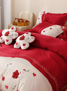 婚庆红色纯棉100支长绒棉四件套刺绣花被套全棉1.8m结婚床上用品