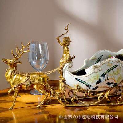 欧式雪橇鹿车酒架果盘餐厅餐桌摆件手工艺陶瓷装饰品
