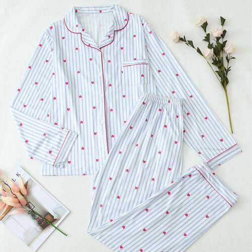 Teen Girls Striped Heart Sleepwear Set Fall Winter Sleeve