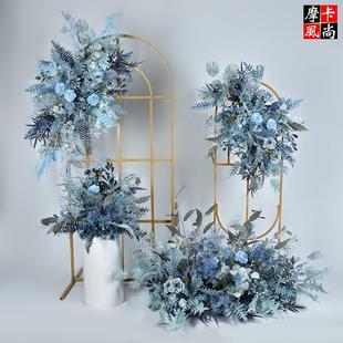 饰花艺 婚庆仿真排花拱门挂花雾霾蓝色绢花排婚礼舞台背景布置装
