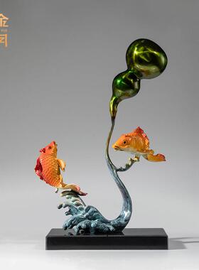 铜金岁月福禄有余鲤鱼黄铜摆件葫芦锦鲤鱼彩铜工艺品家居客厅装饰