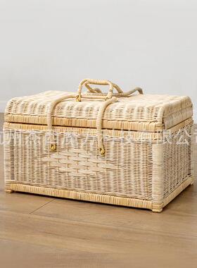 整印尼白藤手工编织623收纳箱衣物理箱提手篮野家居杂物餐筐带盖