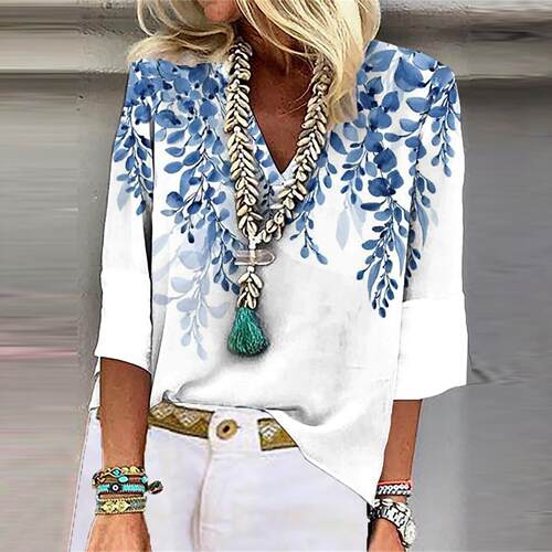 Women's printed collar pullover T-shirt with three quarter