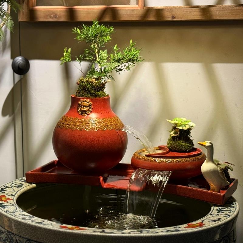 古法鱼缸瀑布流水陶罐水缸循环增氧过滤器种绿植微景观门海摆件