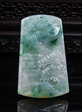 缅甸天然真品翡翠冰蓝飘绿花高端精品珠宝闪拍山水牌玉吊坠31.56g