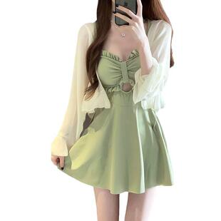 牛油果绿高级感性感泡泳装 泳衣女202新款 连体显瘦保守裙式