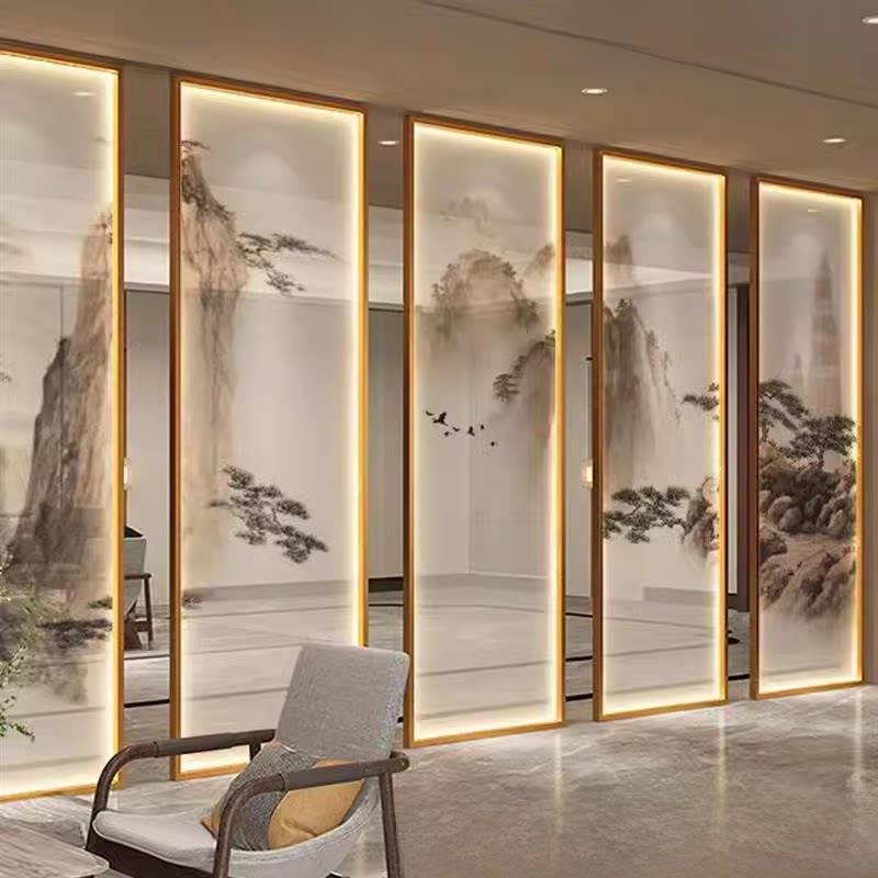 新中国风铁不锈钢无障碍豪华墨水景观玻璃屏风隔断茶室入口餐厅入
