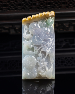 缅甸天然真品翡翠冰紫罗兰春彩飘黄翡闪拍鸟语花香玉石吊坠60.64g