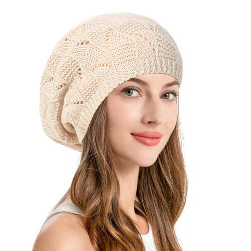 Women's Beige Plain Cotton Slouchy Crochet Beret Soft