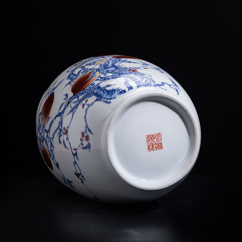 景德镇陶瓷 手绘 九桃图冬瓜瓶 陶瓷家居摆件