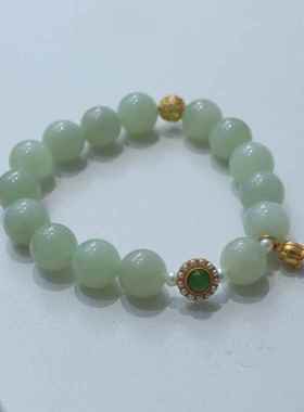 天然12MM和田玉圆珠手链女碧玉珍珠铃兰花吊坠手串复古风手饰品