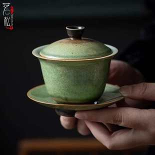 苍翠烧茶碗茶壶单个家用陶瓷仿古三才盖碗功夫茶具敬茶碗防烫