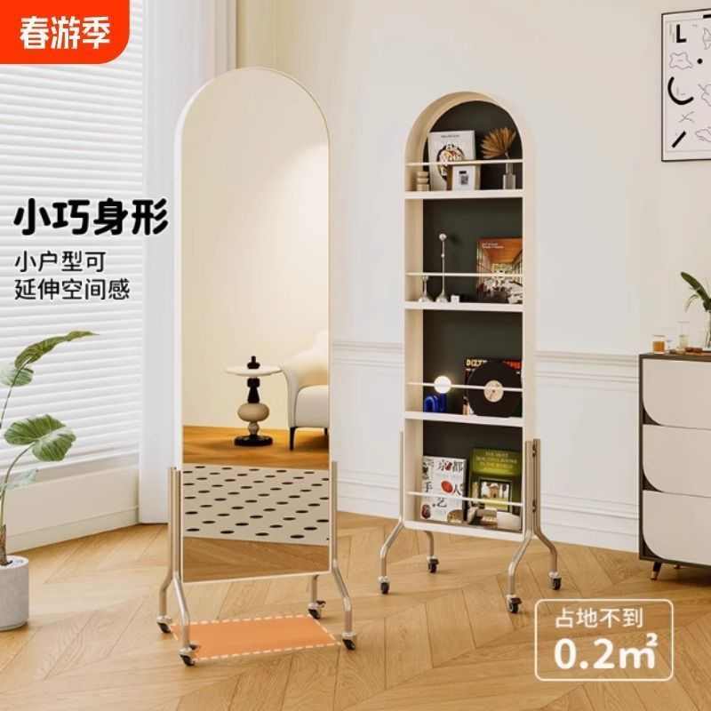可移动镜子全身镜中古风收纳杂志架落地书报展示置物架旋转穿衣镜